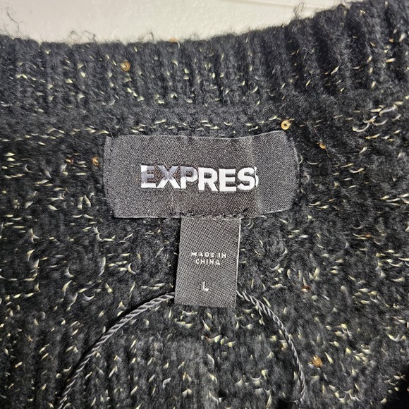 Express Black Knit Cardigan Sweater Sparkle Sequin Hook Closure Puff Sleeve L‎ - Picture 9 of 12